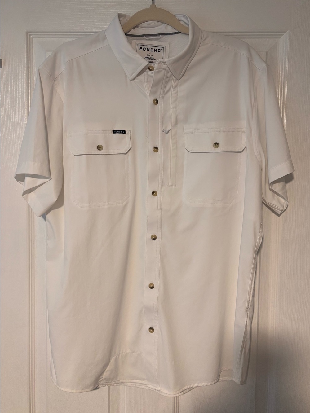 Poncho Men’s Shirt Button Down Sleeve Shirt White Nylon Spandex Slim Fit Large